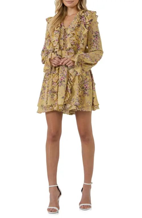 Endless Rose Floral Print Ruffle Long Sleeve Minidress in Yellow at Nordstrom, Size X-Small | Nordstrom
