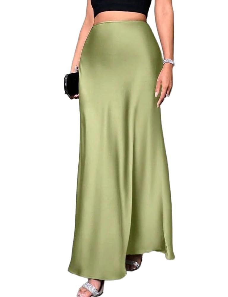 Long Satin Skirts for Women High Waisted A-Line Casual Elegant Flared Flowy Silk Maxi Skirt | Amazon (US)