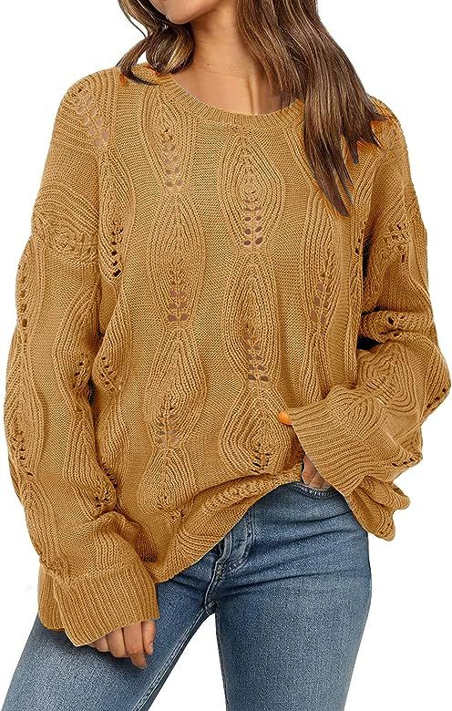 Newshows Women's Chunky Knitted Crewneck Long Sleeve Sweater Casual Solid Loose Pullover Tops | Amazon (US)