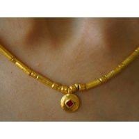 24K Gold Beaded Ruby Charm Necklace//24K Necklace//Hand Made Necklace//Charm Necklace With Gem Stone//Gold | Etsy (US)