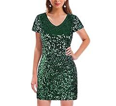 MANER Women's Sequin Glitter Short Sleeve Dress Sexy V Neck Mini Party Club Bodycon Dresses | Amazon (US)