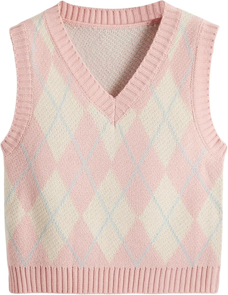 SweatyRocks Women's Plaid Geo Sleeveless V Neck Knit Crop Top Sweater Vest | Amazon (US)