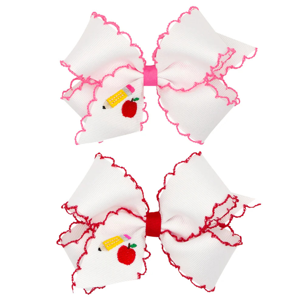 Pencil & Apple Embroidered Moonstitch Bow | Classic Whimsy