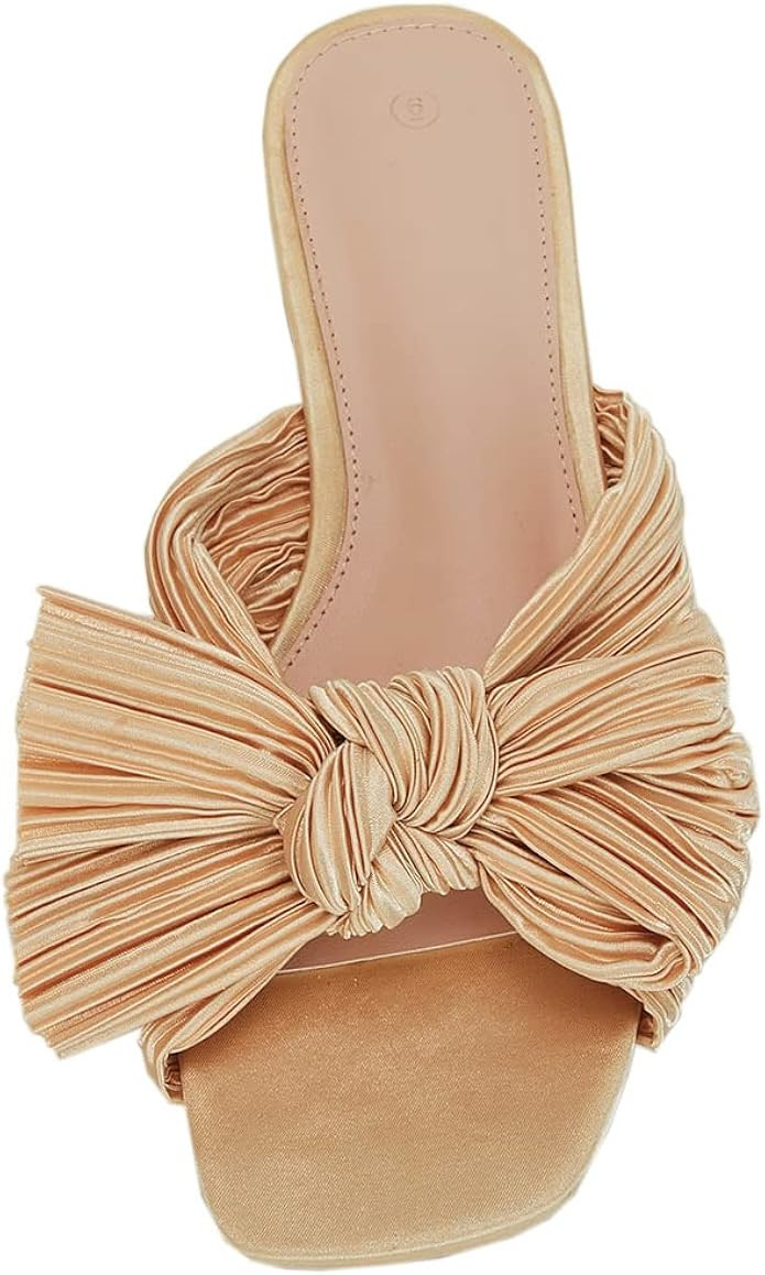 VETASTE Women's Pleated Bow Flat Sandals Open Square Toe Slip on Slide Sandals | Amazon (US)