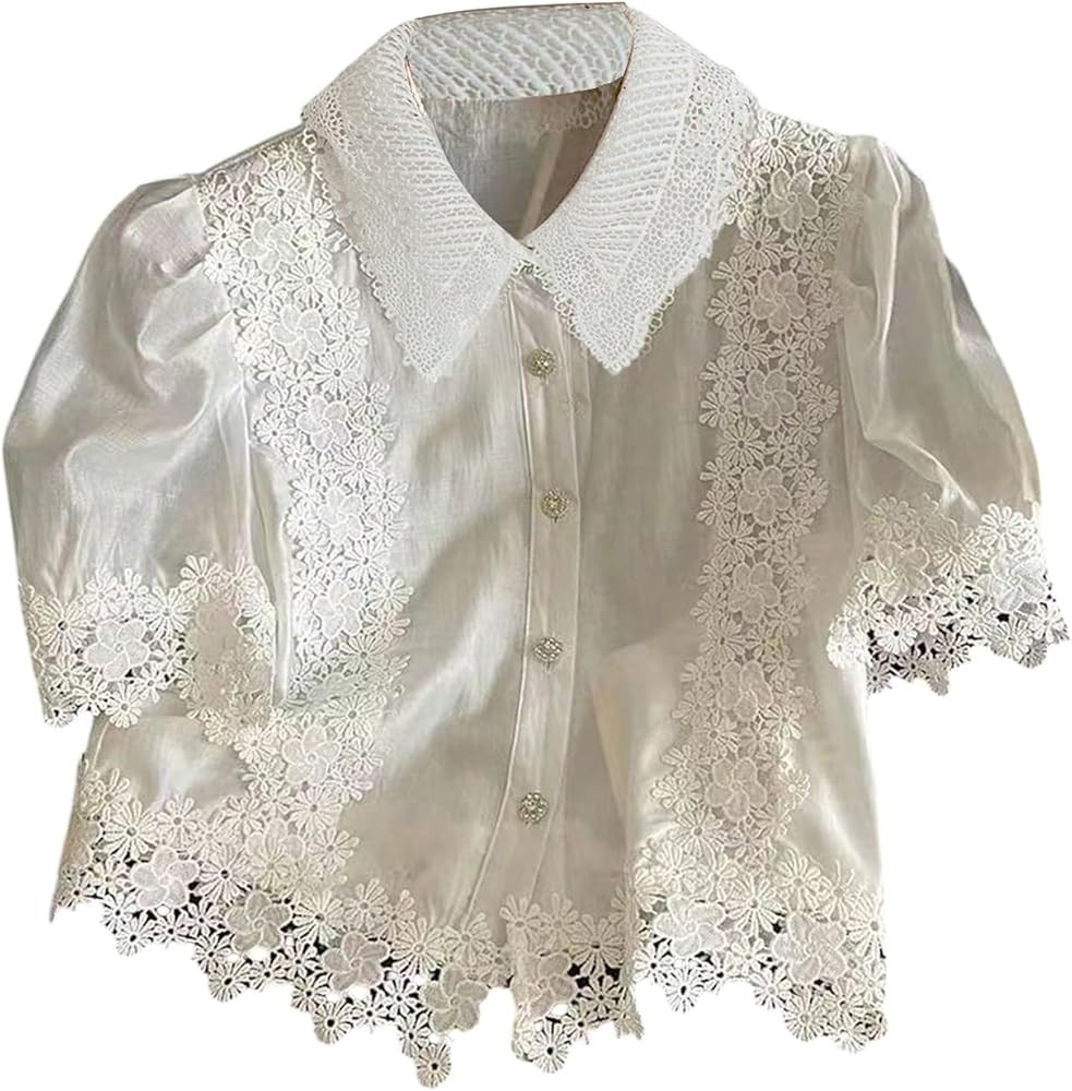 GORGLITTER Women's Floral Embroidered Tops Short Sleeve Collar Silky Button Down Shirt Spring Dre... | Amazon (US)