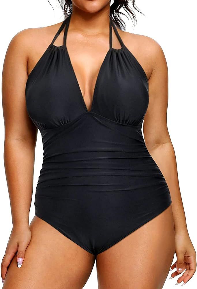 Aqua Eve Plus Size Swimsuits One Piece Bathing Suit for Women Tummy Control Sexy Halter Swimwear | Amazon (US)