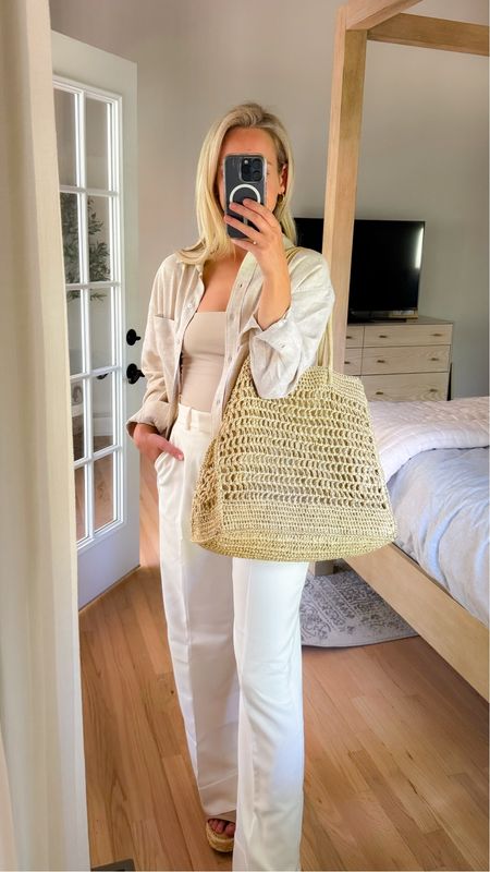 White Wide leg pants tailored pants dressy paint abercrombie pants abercrombie and fitch trousers straw tote beach tote pool tote raffia tote bag tube top strapless top linen shirt button down shirt sandals wedges platform wedge dolce vita sandals 

#LTKStyleTip #LTKFindsUnder50 #LTKFindsUnder100