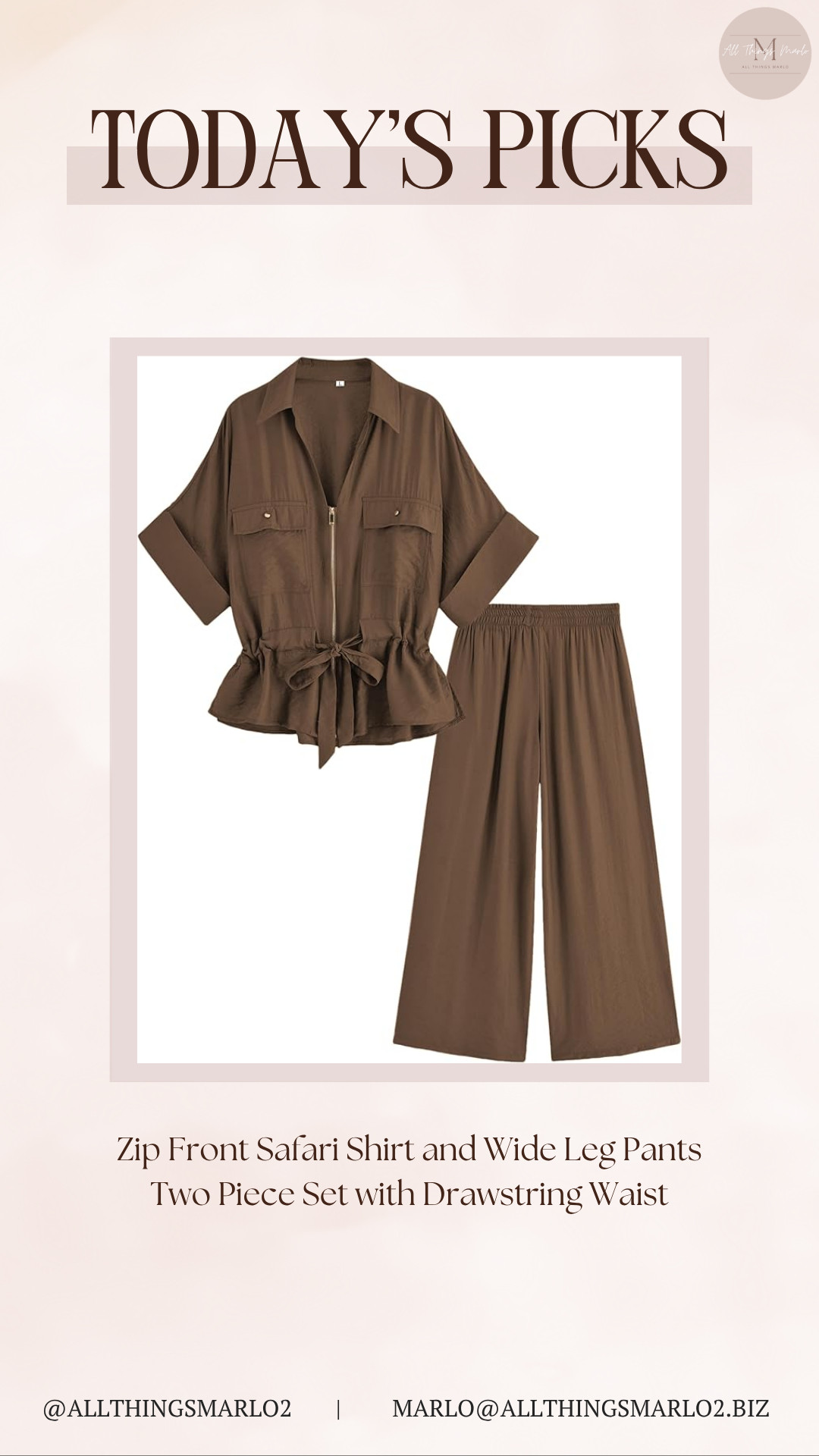 Zip Front Safari Shirt and Wide Leg Pants Two Piece Set with Drawstring Waist 

 #LTKSeasonal #LTKWorkwear #LTKTravel
