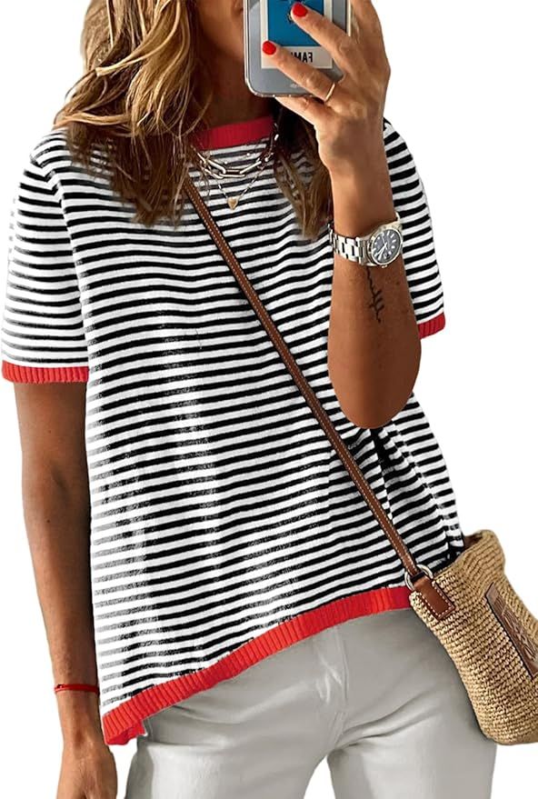 Dokotoo Womens Summer Tops 2024 Casual Crewneck Short Sleeve Striped Color Block Knitted High Low... | Amazon (US)