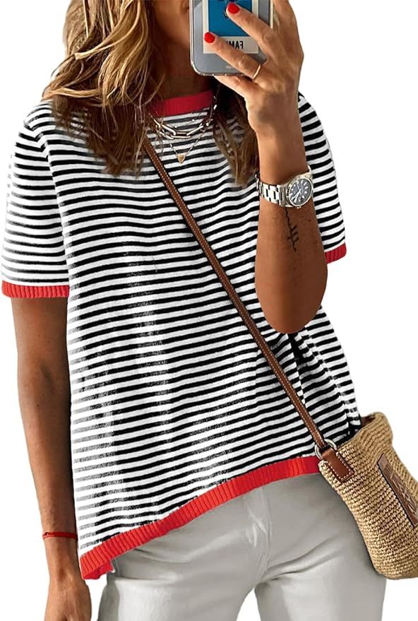 Dokotoo Womens Summer Tops Casual Crewneck Short Sleeve Striped Color Block Knitted High Low Tren... | Amazon (US)