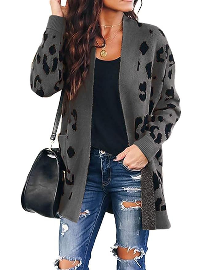 ZESICA Women's Long Sleeves Open Front Leopard Print Button Down Knitted Sweater Cardigan Coat Ou... | Amazon (US)