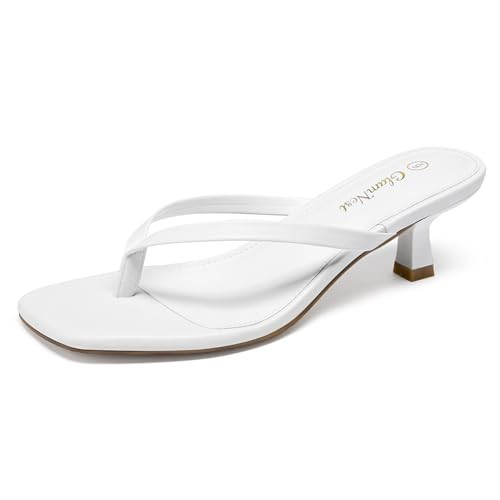 Glamnest Women's White Kitten Heel Sandals Square Open Toe Thong Flip Flop Heels Comfortable 2 Inch Heeled Sandals for Women Casual Summer Party Travel Wedding 9.5 | Amazon (US)
