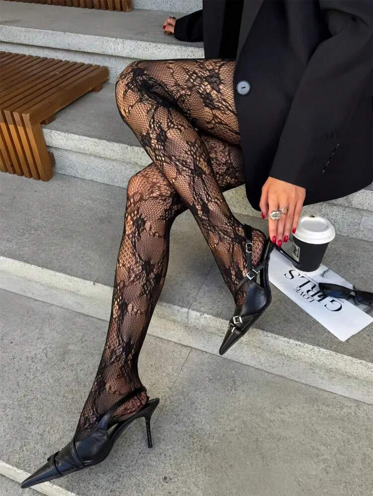 1 Pair Plus Size Women's Fishnet Tights, French Vintage Rose Lace Jacquard Stockings, Sexy Elegant Punk Style Fishnet Pantyhose, Suitable For Parties, Galas, And Formal Events | SHEIN