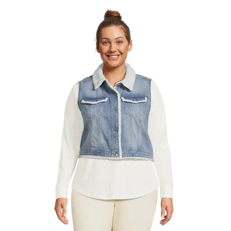 Madden NYC Juniors Plus Size Faux Sherpa Denim Vest, Sizes 1X-4X | Walmart (US)