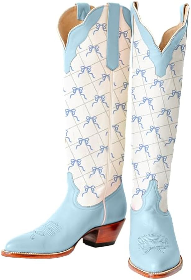 MissHeel Mini Bows Knee High Cowgirl Boots White Cowboy Boots for Women | Amazon (US)