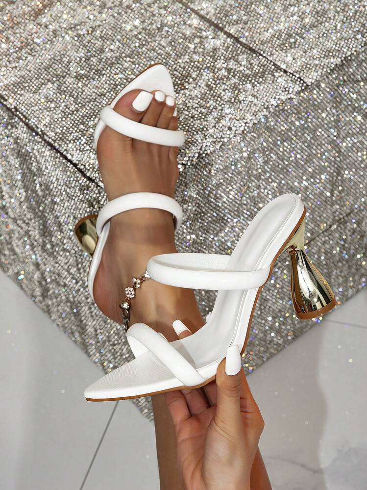 Brand Women's White Decorated Pyramid High Heel Mules, Glamorous Party High Heel Sandals | SHEIN