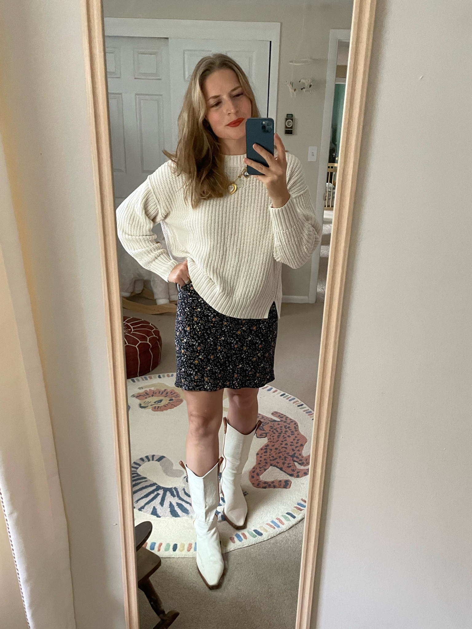 Fall ootd, crew neck sweater, cowboy boots, charm necklace, cozy, casual 

#LTKShoeCrush #LTKFindsUnder50 #LTKSeasonal