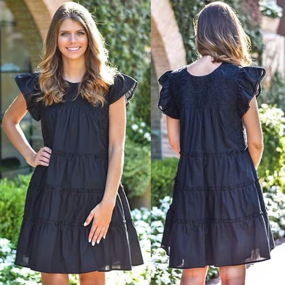 J.Marie Embroidered Ruffle Cap Sleeve Tiered Black Dress size medium | Poshmark