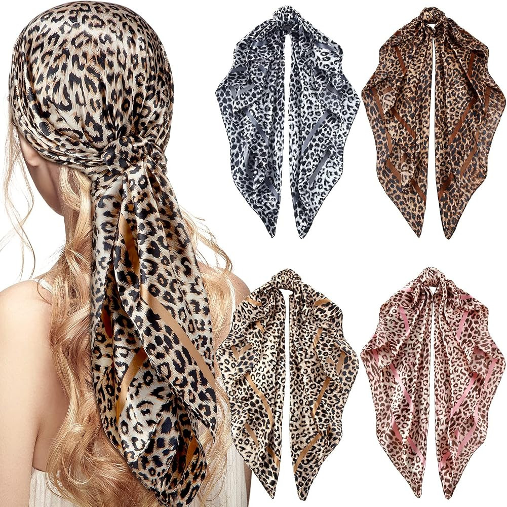 Honoson 4 Pcs 35 Inch Satin Head Scarf for Women's Hair Square Bandanas Large Silk Scarves for Sl... | Amazon (US)