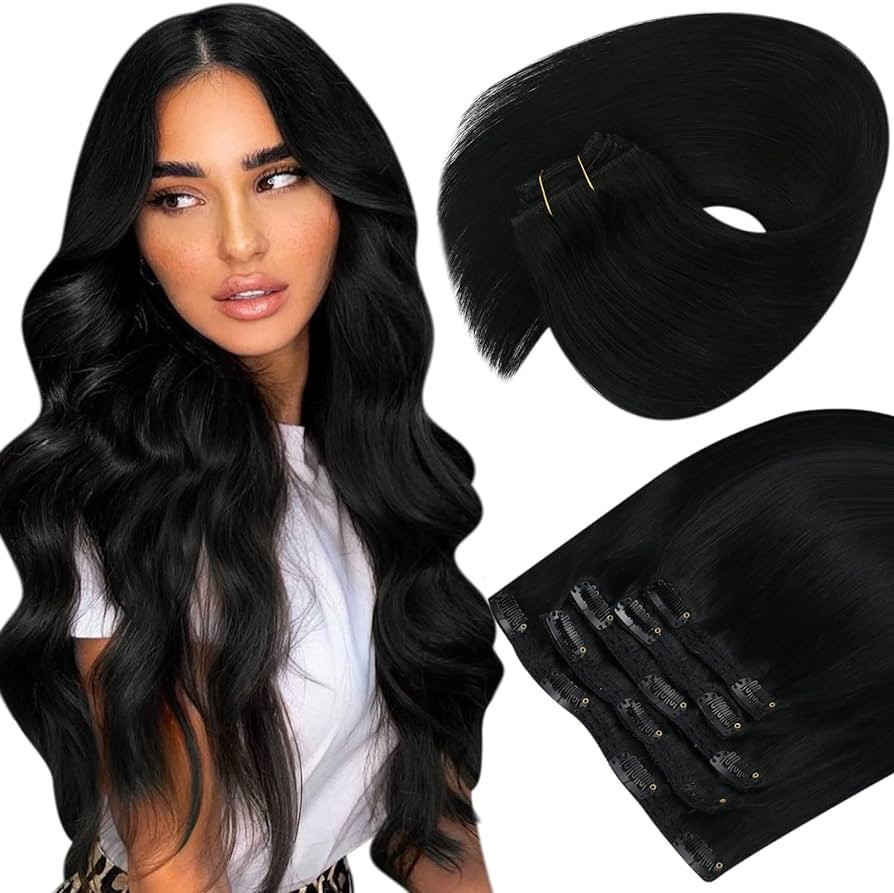 Sunny Clip in Hair Extensions Black Long Hair Clip in Extensions Real Human Hair Jet Black Clip i... | Amazon (US)