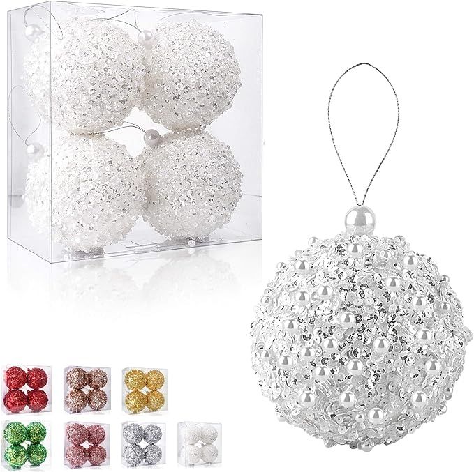 4.25" Christmas Ball Ornaments 4pc Set White Shatterproof Christmas Decorations Tree Balls for X... | Amazon (US)