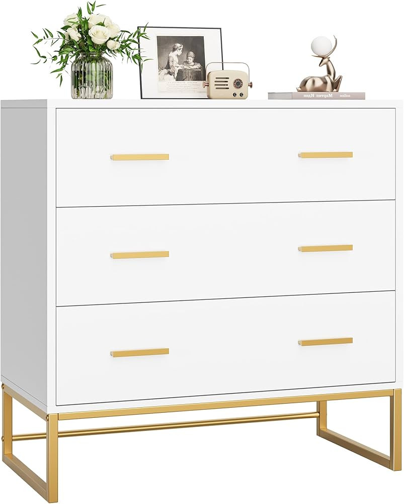 FOTOSOK White Dresser with 3 Drawers, White Gold Dresser with Metal Handle and Frame, 3 Drawer Dr... | Amazon (US)