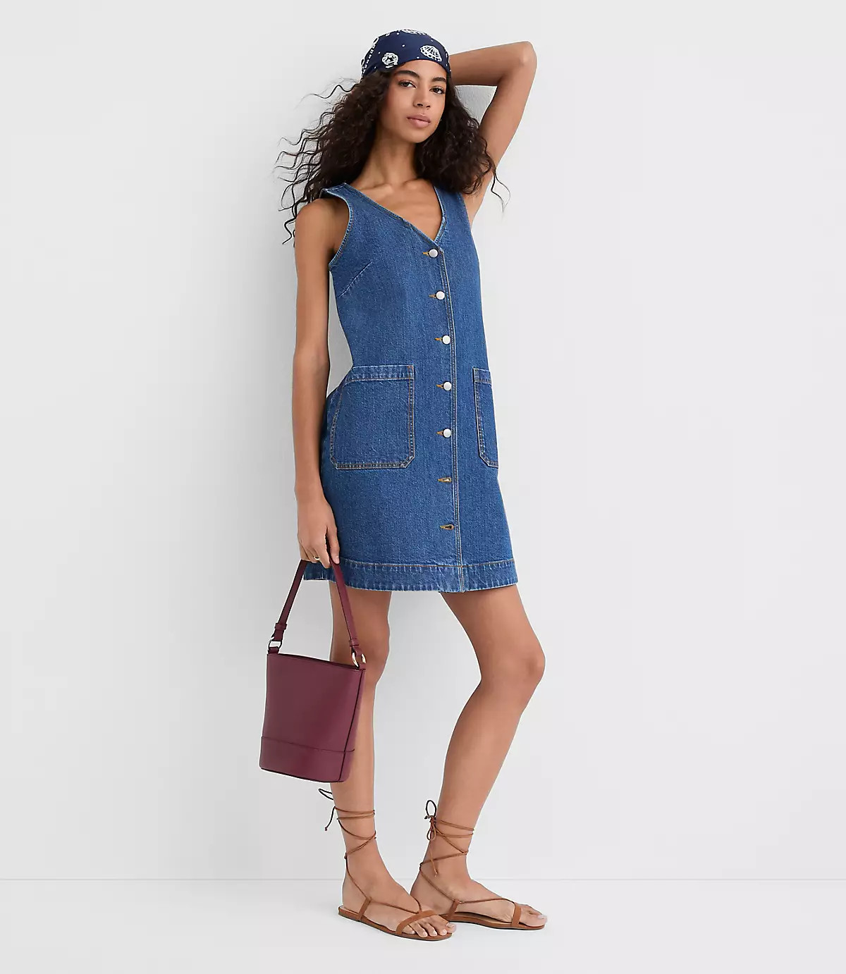 Denim Button Mini Pocket Dress in Classic Mid Wash | LOFT