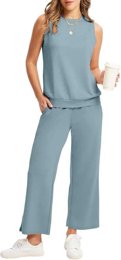 WIHOLL Two Piece Set for Women Summer Outfits Vacation Lounge Sets Round Neck Matching Sets Wide ... | Amazon (US)