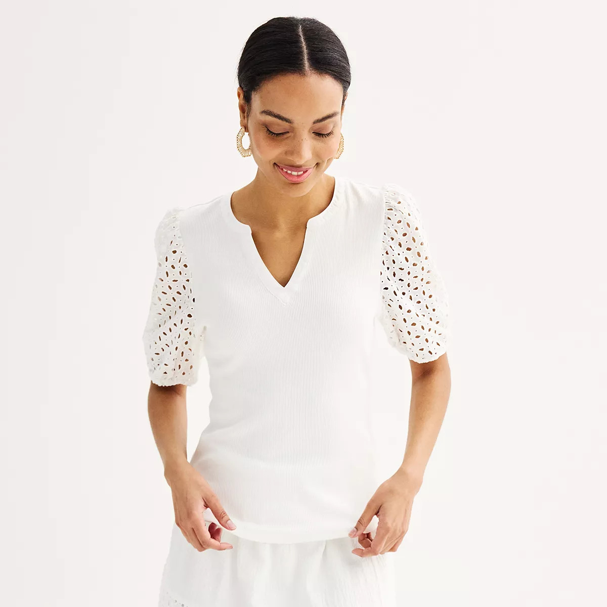 Women's Nine West Mixed Media Puff Sleeve Y-Neck | Kohl's