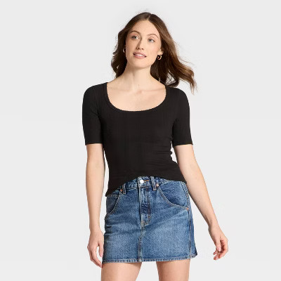 Women's Short Sleeve Scoop Neck Pointelle Blouse - Universal Thread™ Black M | Target