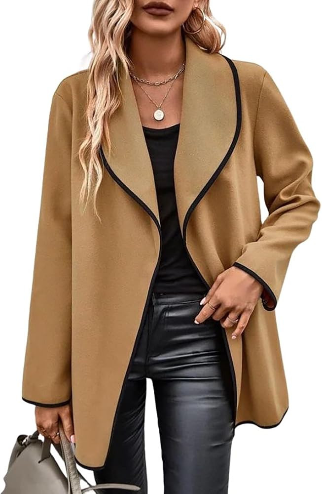 utcoco Women's Lapel Wool Blend Coats Color Block Trim Trench Coat Peacoat Casual Open Front Coat... | Amazon (US)