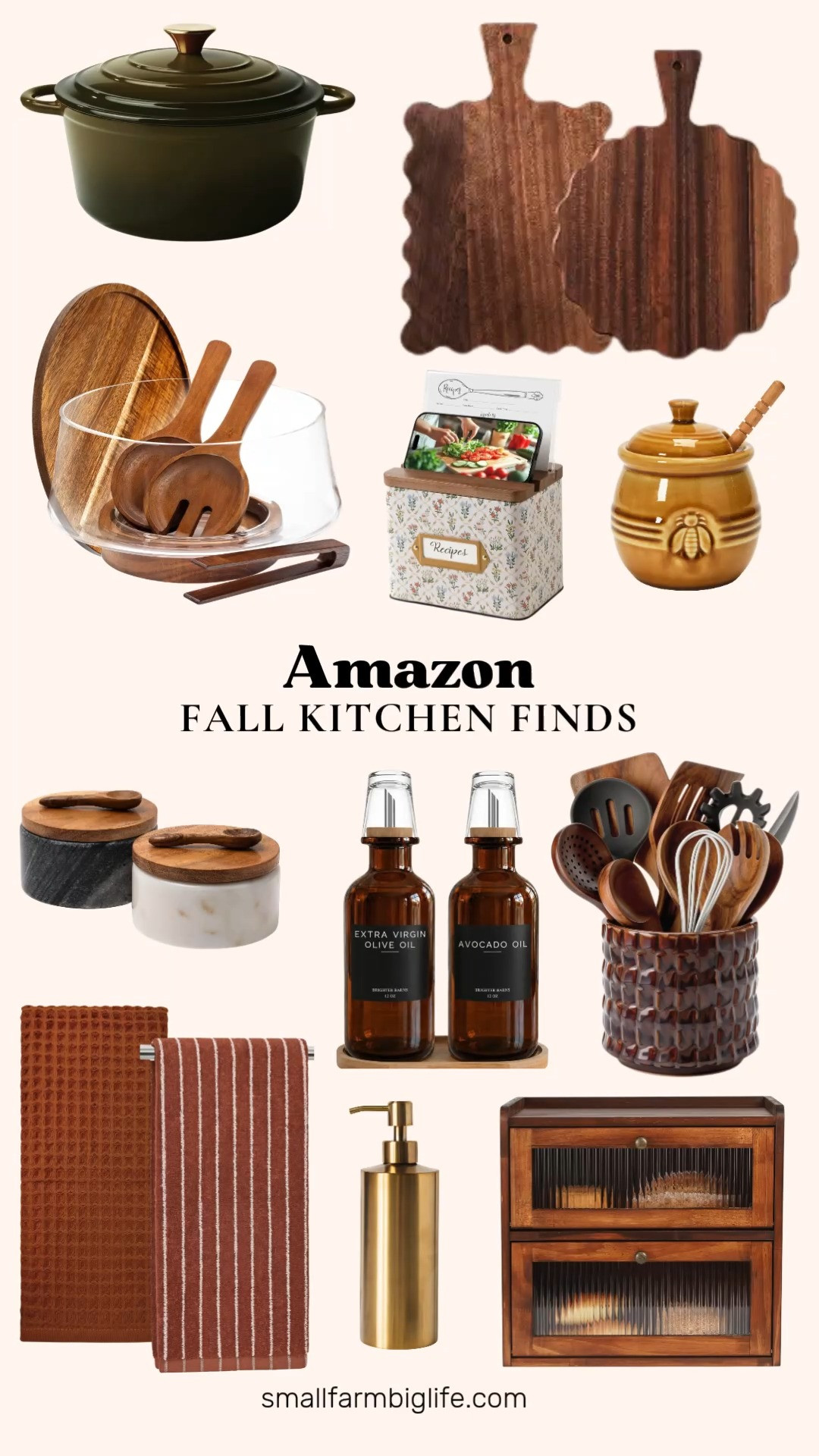 These fall kitchen finds are the kind of small upgrades that make everyday cooking feel a little more special. These ebony scalloped cutting boards are gorgeous for serving cheese or charcuterie, and this amber glass olive oil dispenser adds such a warm, modern touch to a countertop. Loving these marble salt and pepper bowls for an elegant everyday detail.

This glass salad bowl with a lid is so practical for meal prep or serving, and this brass soap dispenser is an easy way to elevate a kitchen sink. This stoneware honey pot with a wood dipper is such a sweet little addition to a breakfast spread.

These rust and terracotta striped hand towels bring in that cozy fall color palette, and this green enameled dutch oven is perfect for soups, stews, and bread baking all season long. Rounding it out with a ceramic utensil crock, a wooden bread box for the counter, and a recipe card box for keeping favorite fall recipes organized.

#fallkitchen #kitchenfinds #amazonhome #falldecor #cozykitchen 

 #LTKSeasonal #LTKHome