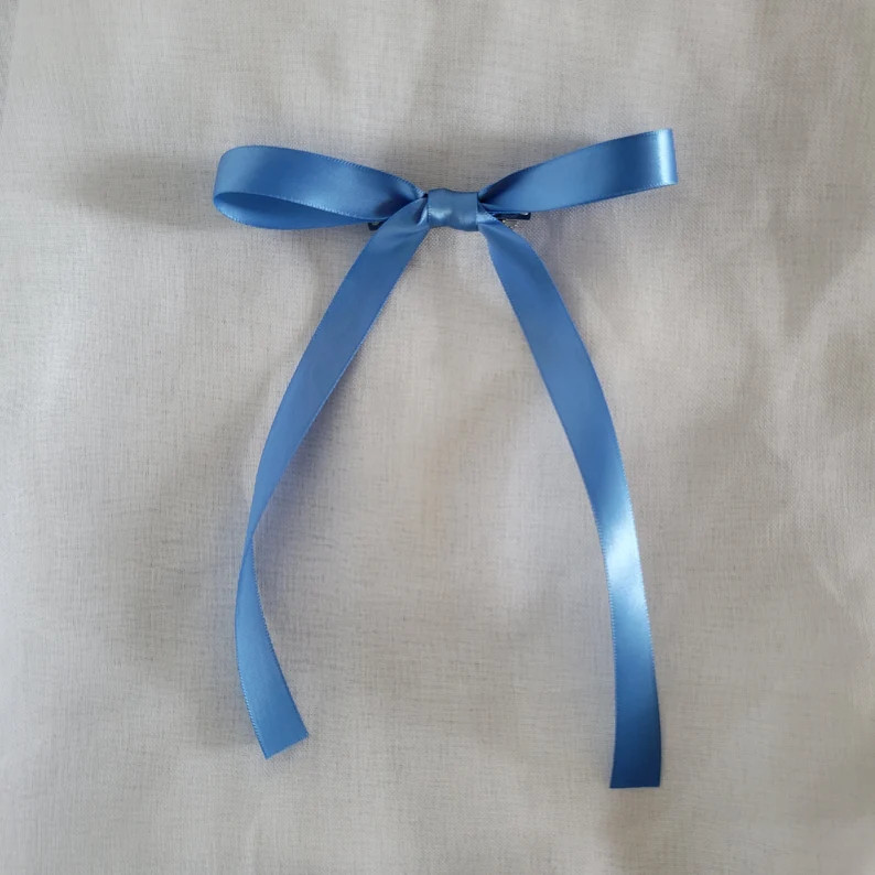 Skinny Blue Bow, Blue Satin Bow Barrette, Narrow Blue Bow, Blue Satin Bow, Skinny Satin Bow Barre... | Etsy (US)