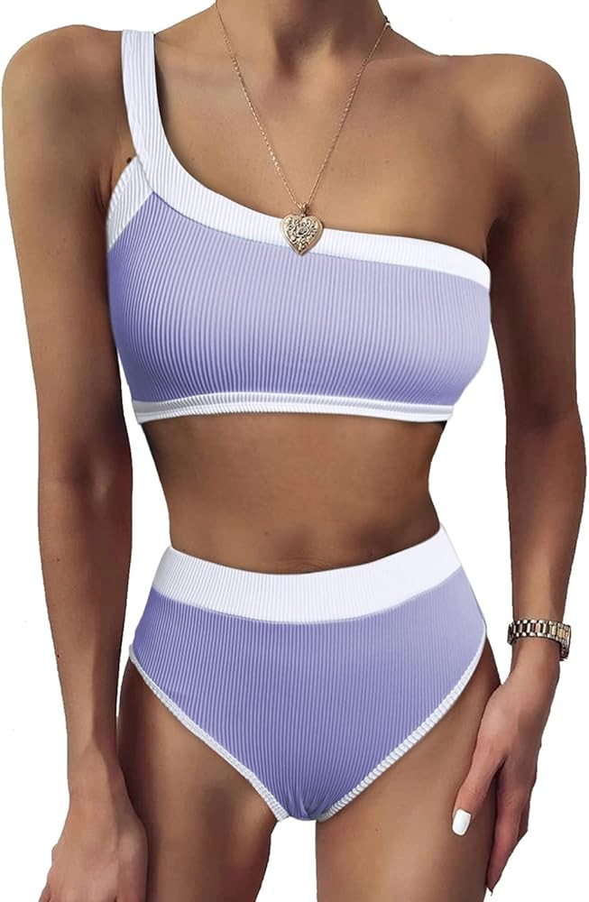 Herseas Women's High Waisted One Shoulder Swimsuits Color Block Bikini Two Piece Bathing Suits | Amazon (US)
