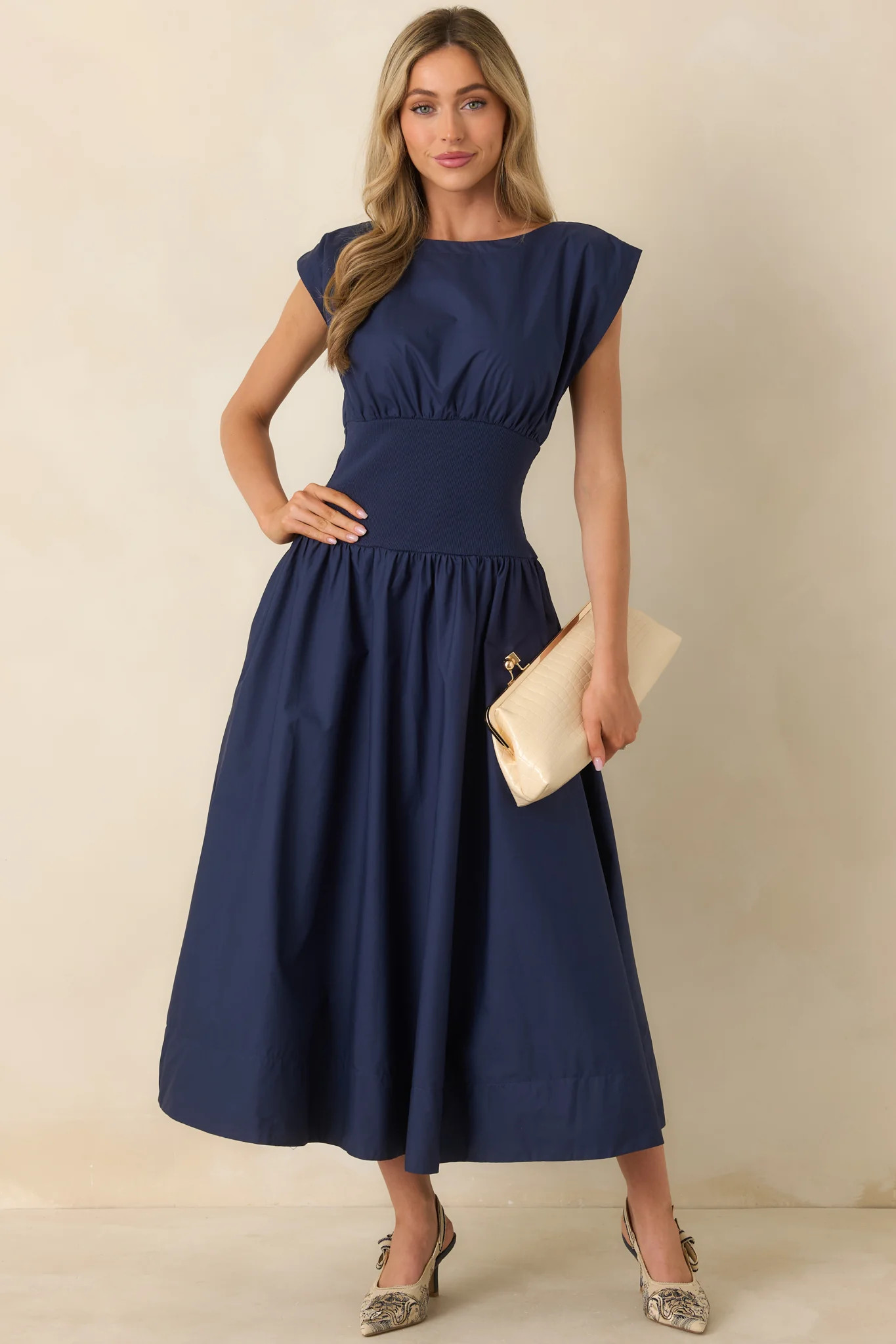All My Devotion Navy Blue Cotton Boatneck Midi Dress | Red Dress