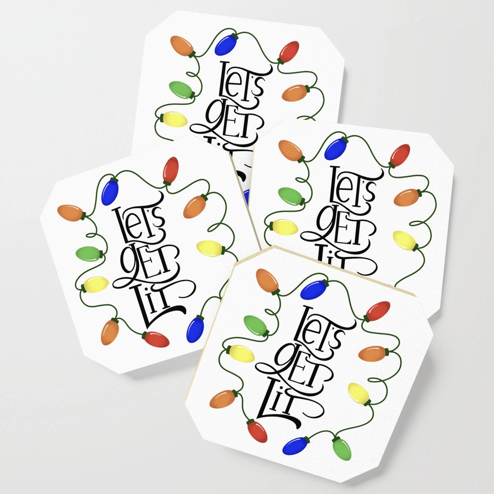 Let’s Get Lit, Christmas Lights, Funny Holiday Drinking Design 1 Coasters by gsallicat | Society6