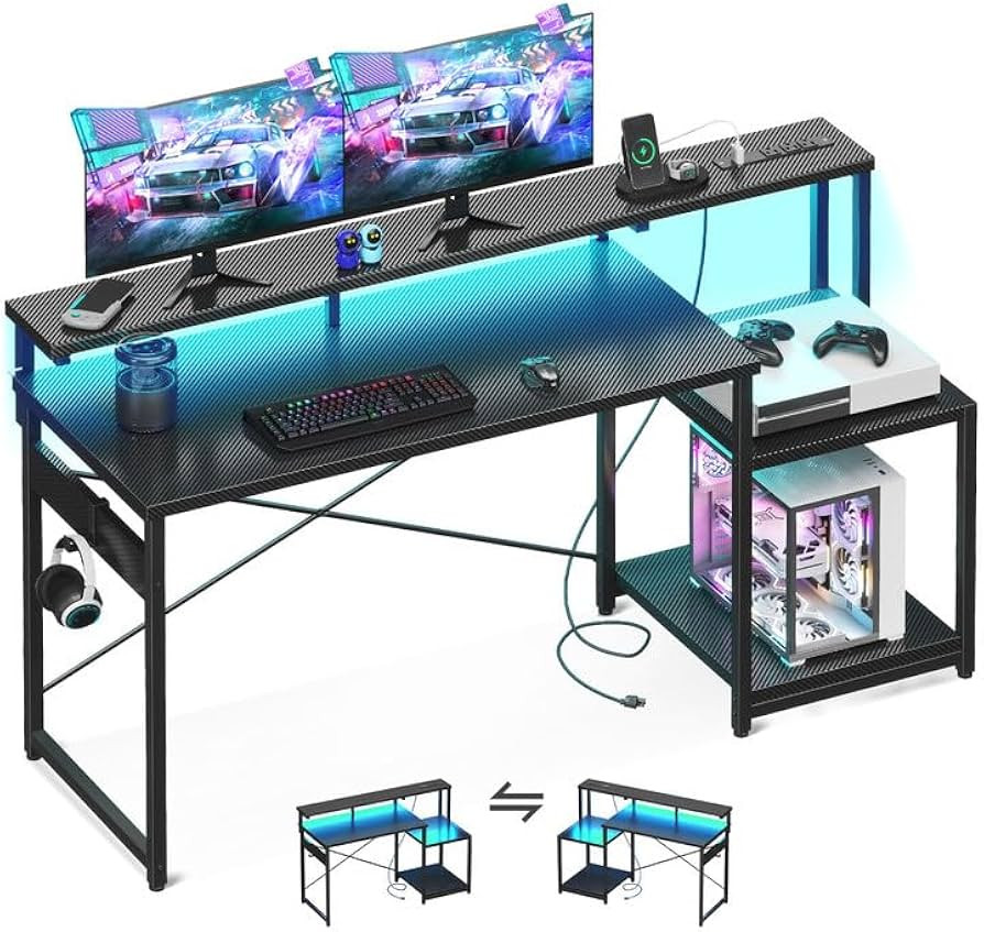 AODK Computer Desk, 56 Inch Gaming Desk with Led Lights & Power Outlet, Office Desk with Storage ... | Amazon (US)