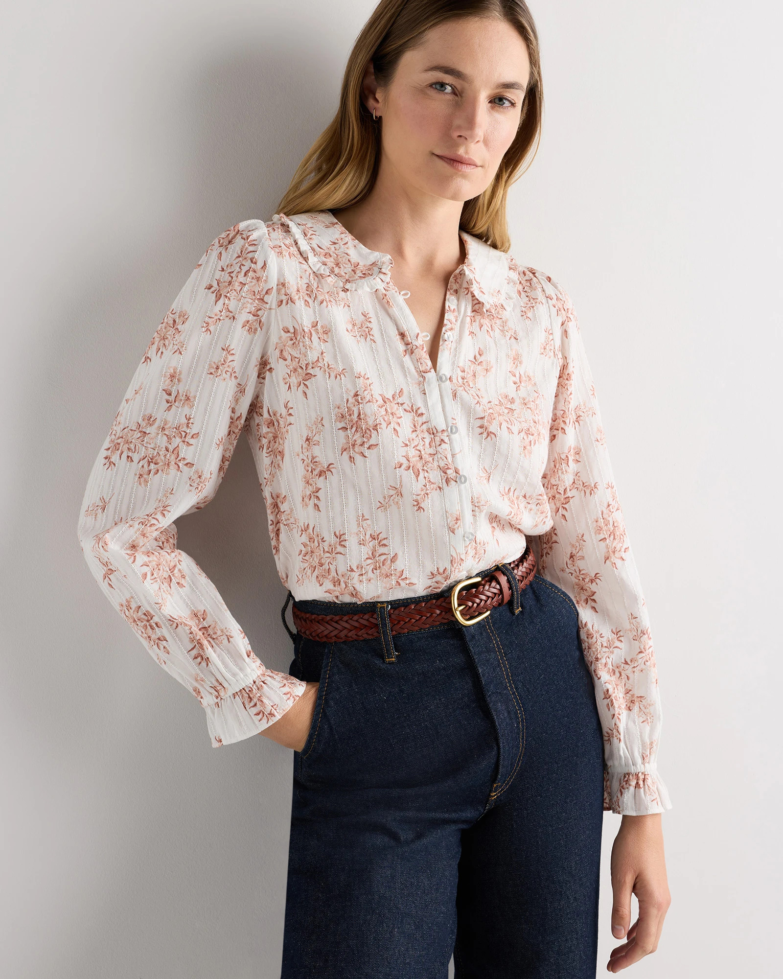 Embroidered Cotton Ruffle Collar Long Sleeve Blouse | Quince
