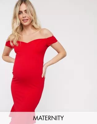 Queen Bee Maternity exclusive bardot pencil dress with ruffle detail hem in red | ASOS US
