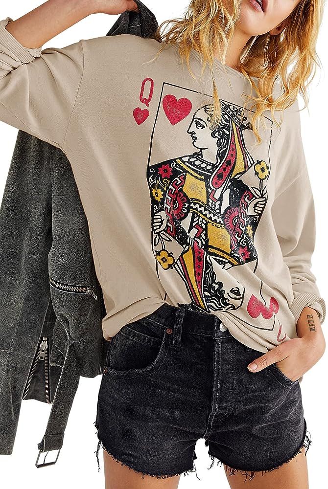Fazortev Womens Crewneck Graphic Sweatshirts Queen Of Hearts Long Sleeve Shirts Cute Loose Fit Ca... | Amazon (US)