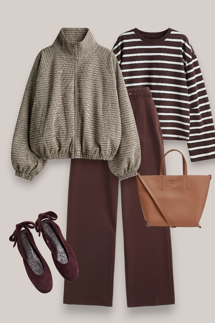 Chocolate brown is going nowhere for fall 🤎 Wide leg brown trousers with a striped top, burgundy flats and a lightweight checked jacket. Easy, comfortable and still polished. 

 #LTKautumn #LTKworkwear #LTKstyletip