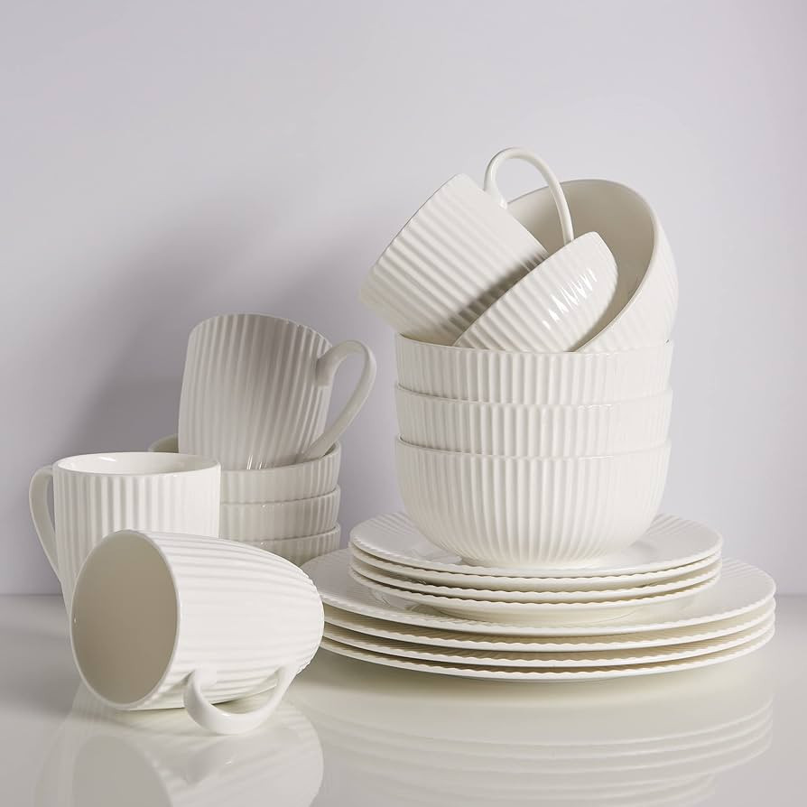 Bone China 20 Piece Dinnerware Set Dishes, Service for 4, White Embossed stripe, Microwave Safe, ... | Amazon (US)