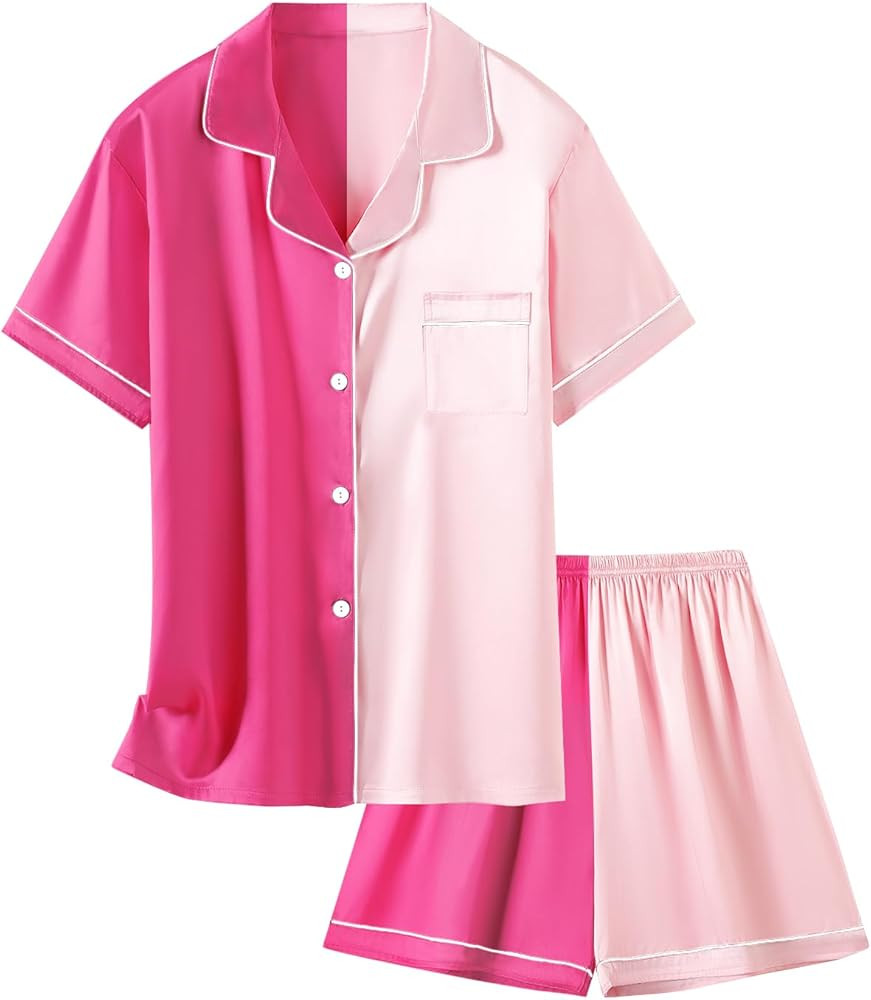 Schbbbta Girls & Women Satin Pajamas Set, 2Pj Silk Nightwear Button-Down Sleepwear for Teen Kid, ... | Amazon (US)