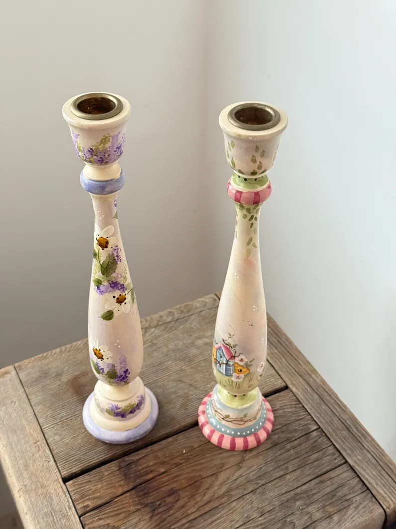 Single Hand Painted Wooden Candlestick Holder | Etsy (US)