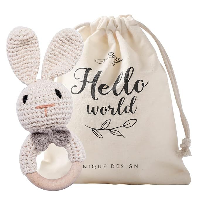 Wooden Baby Rattle Lovely Crochet Bunny Ring Rattle Baby Toys,Beige Bunny | Amazon (US)
