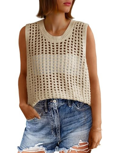 Fisoew Womens Summer Crochet Tank Tops Sleeveless Scoop Neck Loose Knit Sweater Vest Boho Hollow Out Beach Cover Ups Beige | Amazon (US)