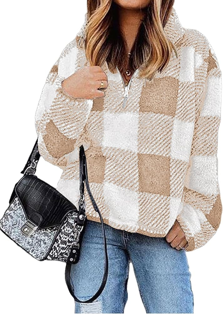 BTFBM Women Sherpa Pullover Quarter Zip Long Sleeve Fluffy Soft Fleece Jackets Sweaters Sweatshir... | Amazon (US)
