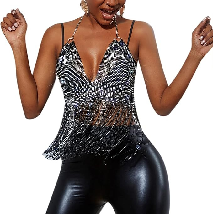 Women Glitter Sexy Rhinestone Rave Crop Top Sparkly Halter Tank Top Fishnet Tassel Camisole Outfi... | Amazon (US)