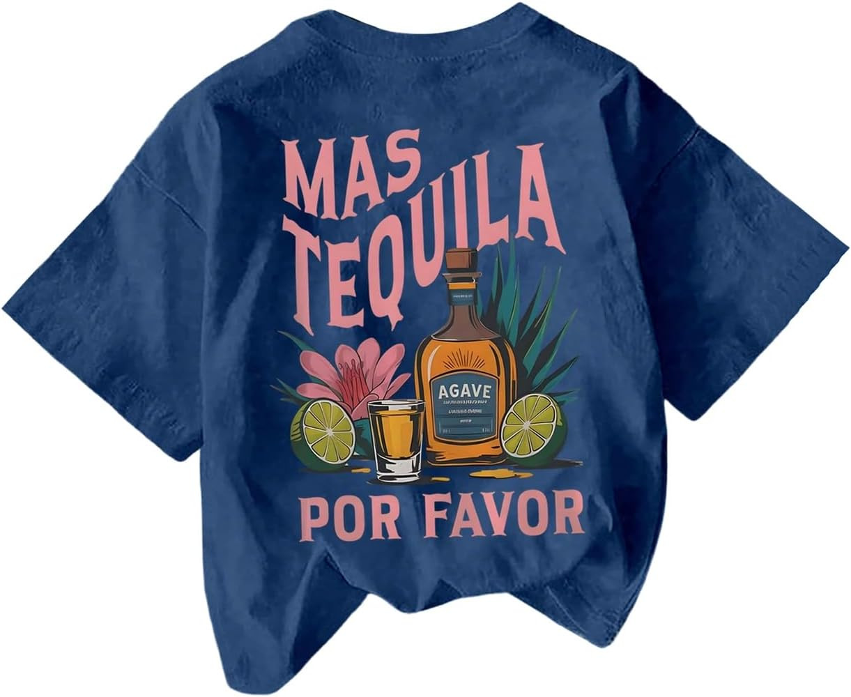 Women's Graphic Letter Tee Crew Neck Drop Shoulder Trendy Summer T Shirt Short Sleeve Vintage Top | Amazon (US)