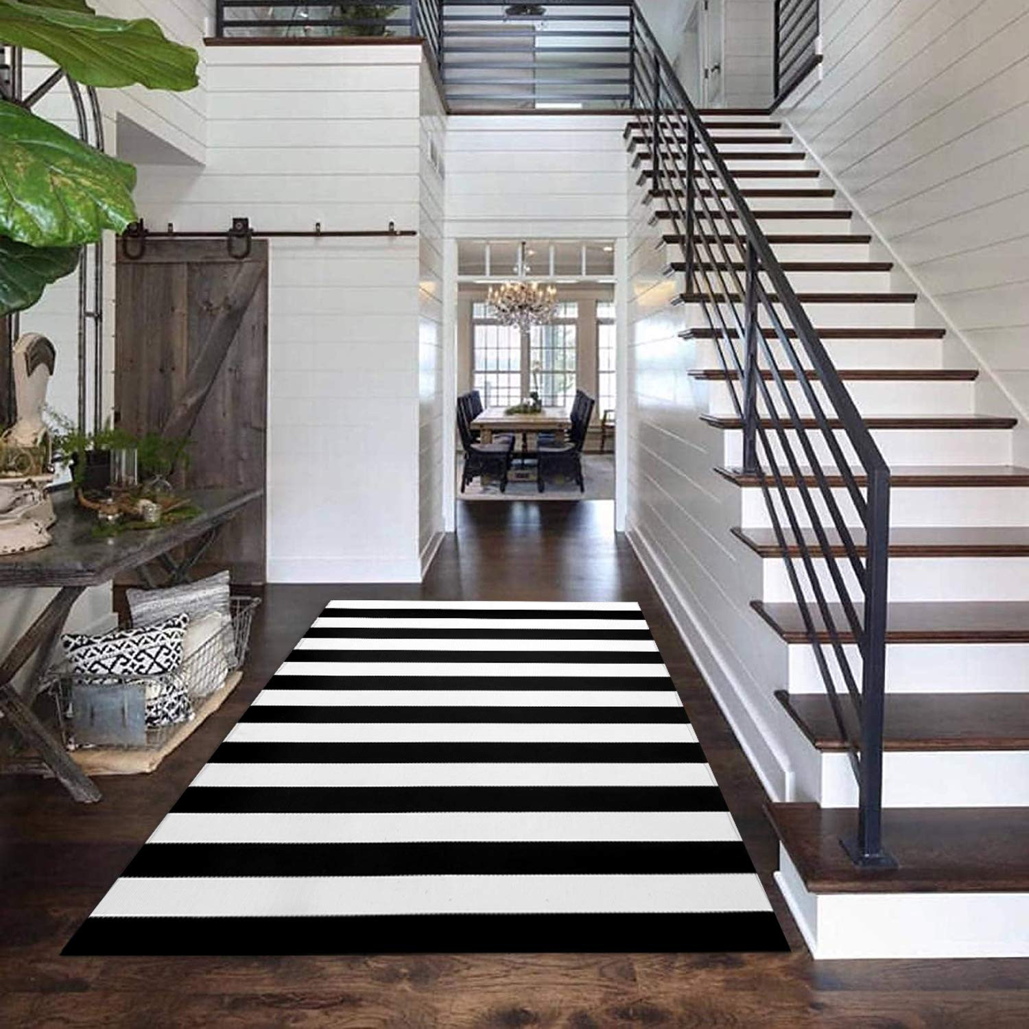 EARTHALL Black and White Striped Rug Outdoor 4'x6', Cotton Hand-Woven Black Striped Door Mat, Rev... | Amazon (US)